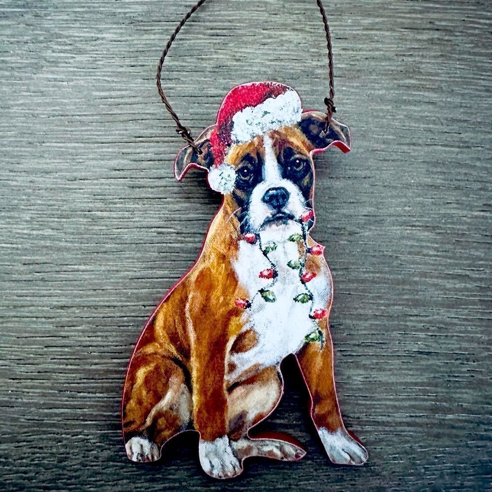 Boxer Dog Wooden Christmas Holiday Ornament